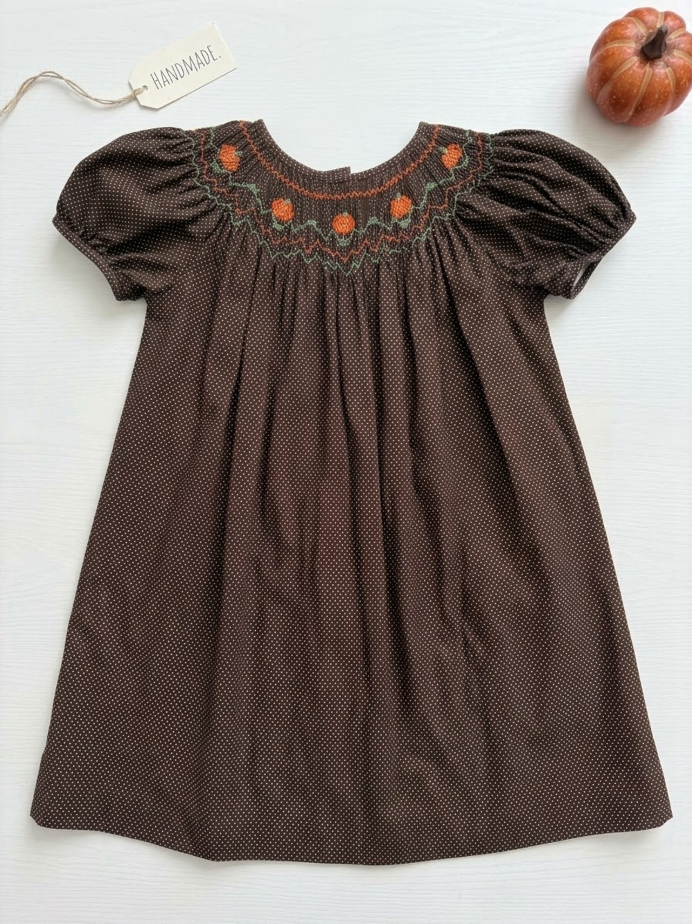 Handmade Smocked Dress with Pumpkin Embroidery